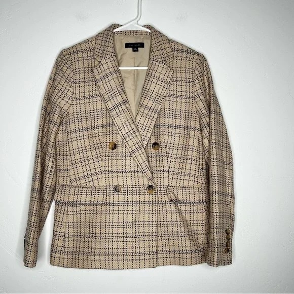 Ann Taylor Tan Navy Blue Cotton Blend Blazer Size 8P Fall Autumn Office Business - Picture 1 of 12